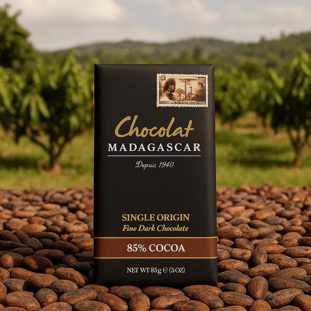 A bar of Chocolat Madagascar 85% cocoa dark chocolate standing upright on a light surface, surrounded by scattered cocoa beans, with a blurred background of a Madagascar cocoa plantation.